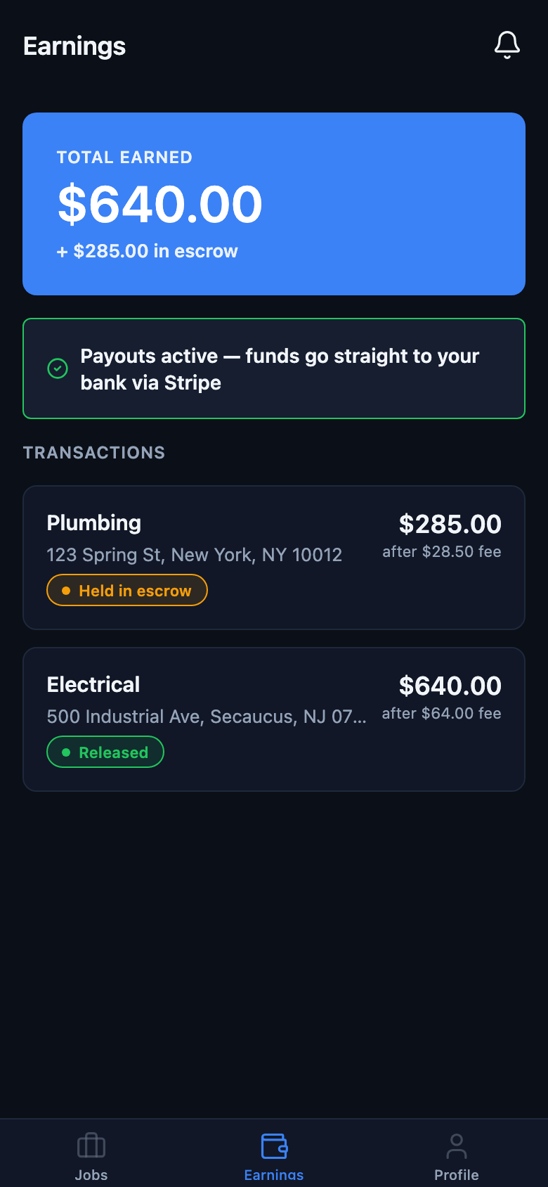 SendACrew contractor app showing weekly earnings, escrow balance, and scorecard