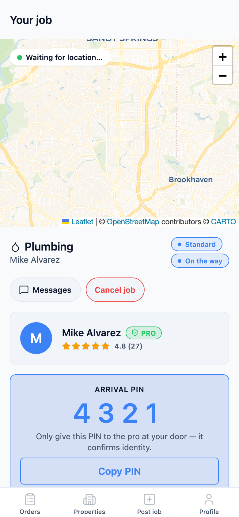 Arrival PIN screen verifying the dispatched contractor at the door