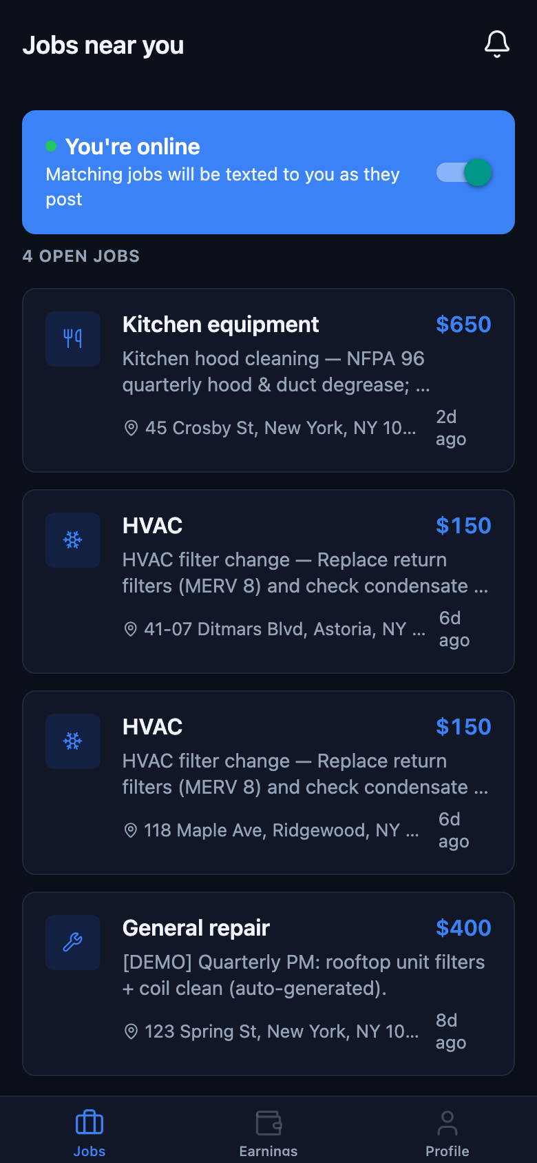 Contractor view: nearby jobs feed with distance, priority, and payout