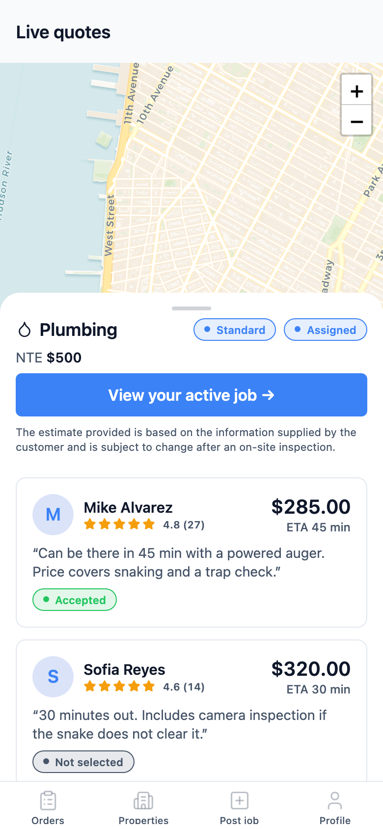 Live quotes screen: competing bids with ratings and ETAs, accept button