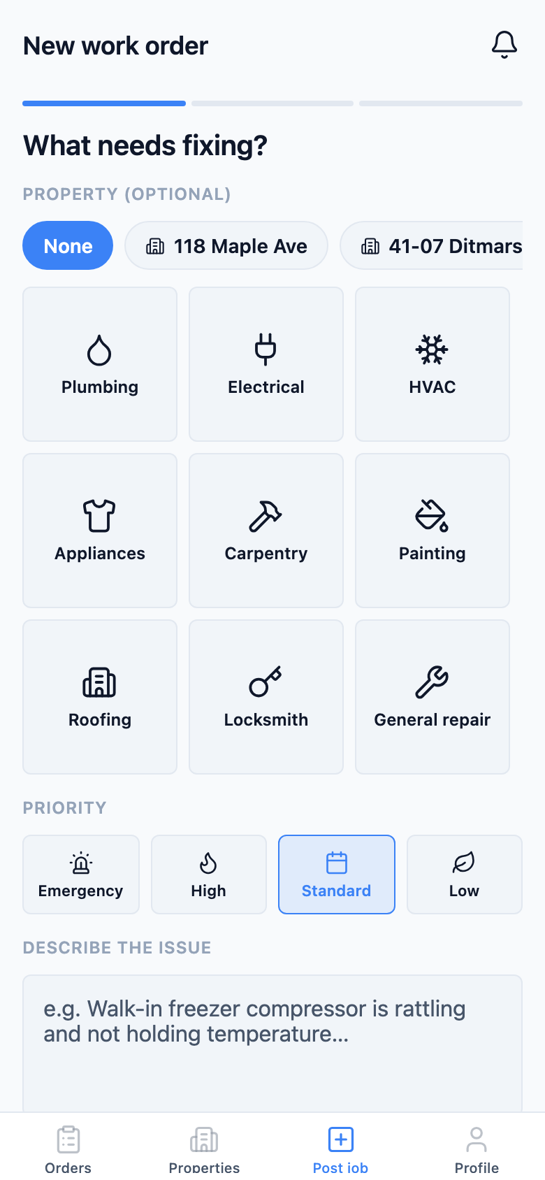 Posting a work order in the SendACrew app: photos, category, not-to-exceed budget, emergency priority