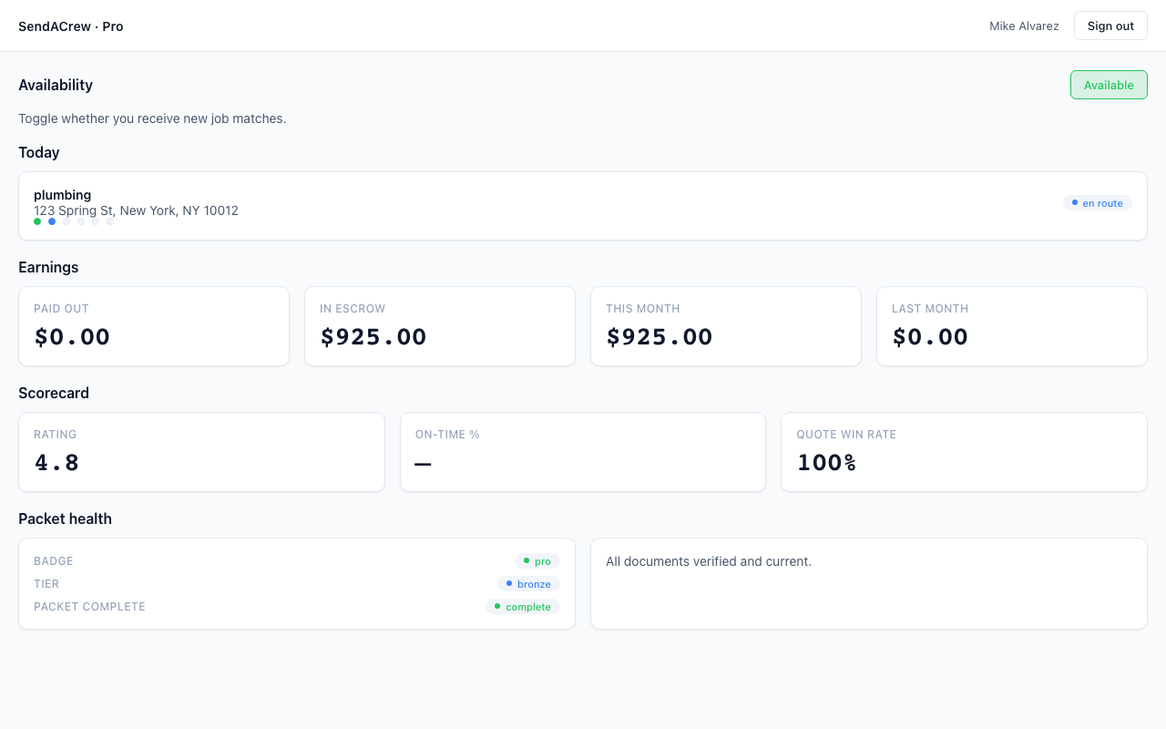 Tradesman dashboard with earnings and scorecard