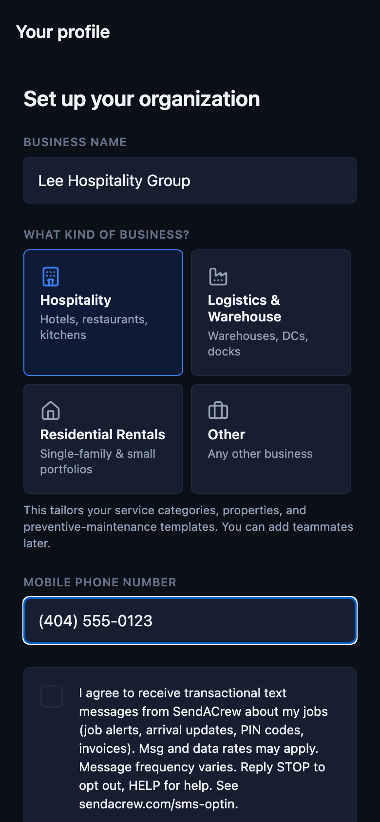 SendACrew signup screen showing the mobile phone number field directly above the unchecked SMS consent checkbox with the full opt-in disclosure text